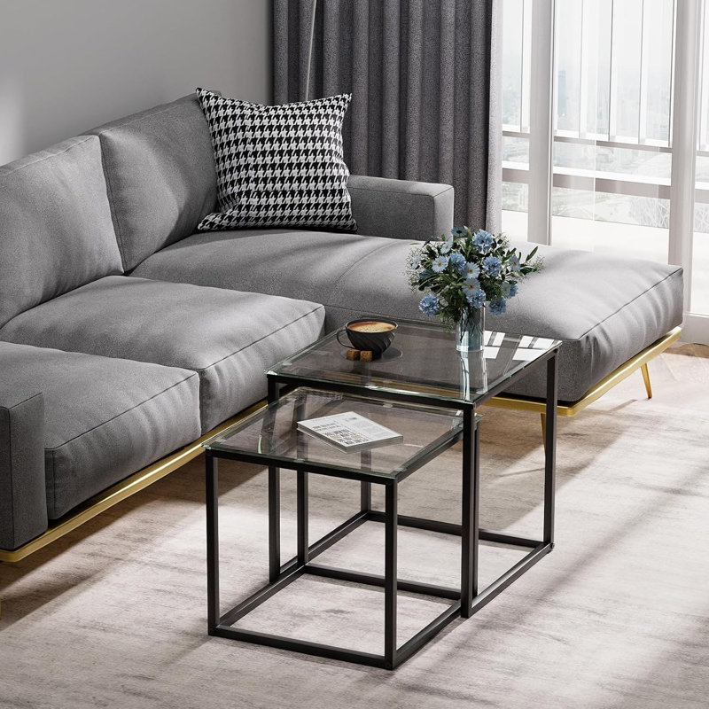 Coffee Table Set Of 2 Modern Black Glass Side Table Metal Frame Square End Table Center Tables Nesting Coffee Table For Living Room Bedroom And